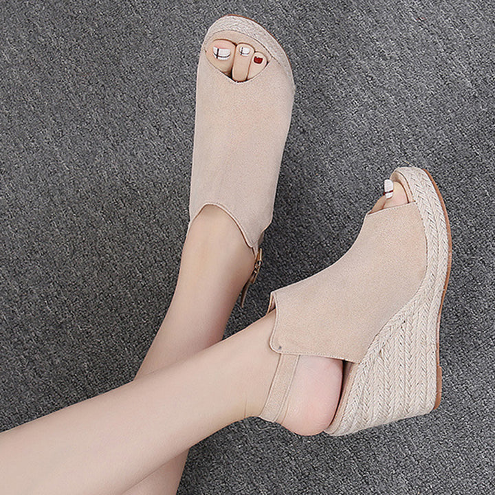 apricot Chic Peep-Toe Wedge Sandals for Women – Adjustable Buckle Strap & Arch Support for Summer Outings