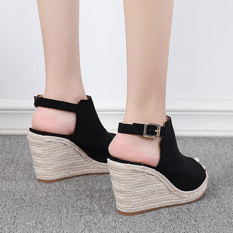 black Chic Peep-Toe Wedge Sandals for Women – Adjustable Buckle Strap & Arch Support for Summer Outings