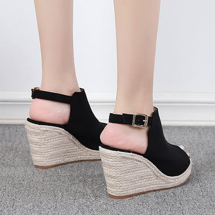 black Chic Peep-Toe Wedge Sandals for Women – Adjustable Buckle Strap & Arch Support for Summer Outings