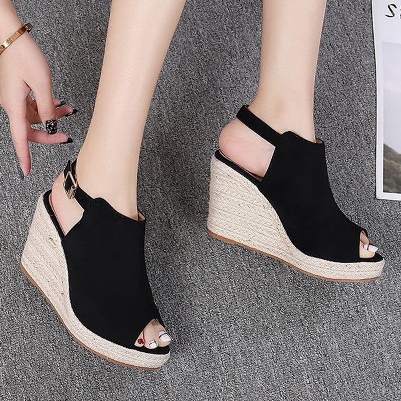 Chic Peep-Toe Wedge Sandals for Women – Adjustable Buckle Strap & Arch Support for Summer Outings