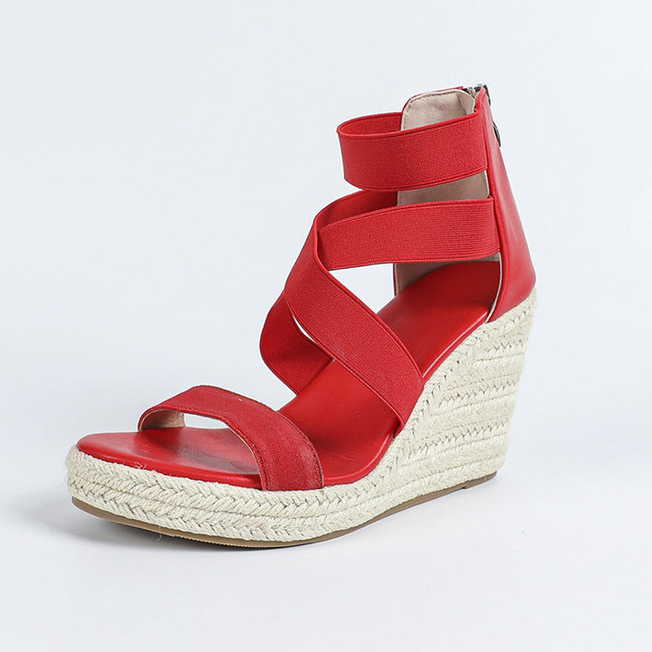 red Women's peep toe espadrilles wedge heels sandals