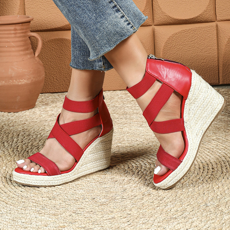 red Women's peep toe espadrilles wedge heels sandals