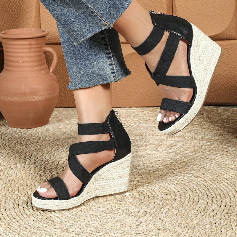 black Women's peep toe espadrilles wedge heels sandals