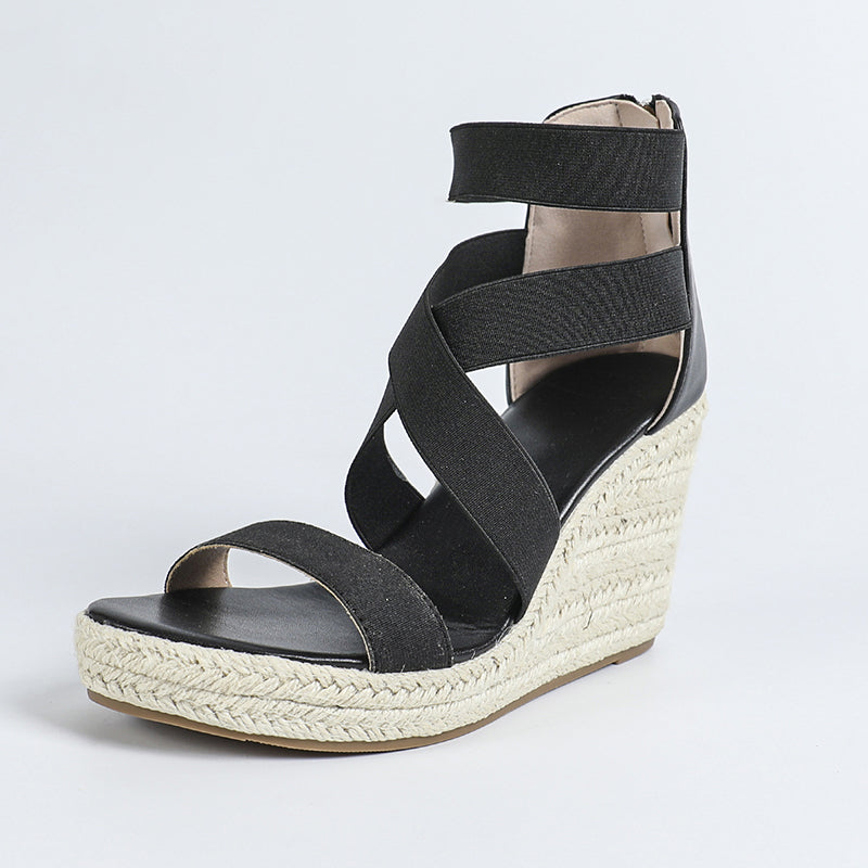 black Women's peep toe espadrilles wedge heels sandals