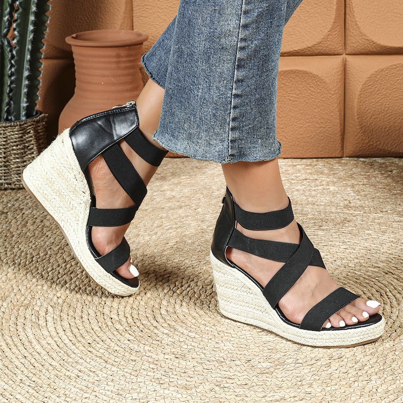 black Women's peep toe espadrilles wedge heels sandals