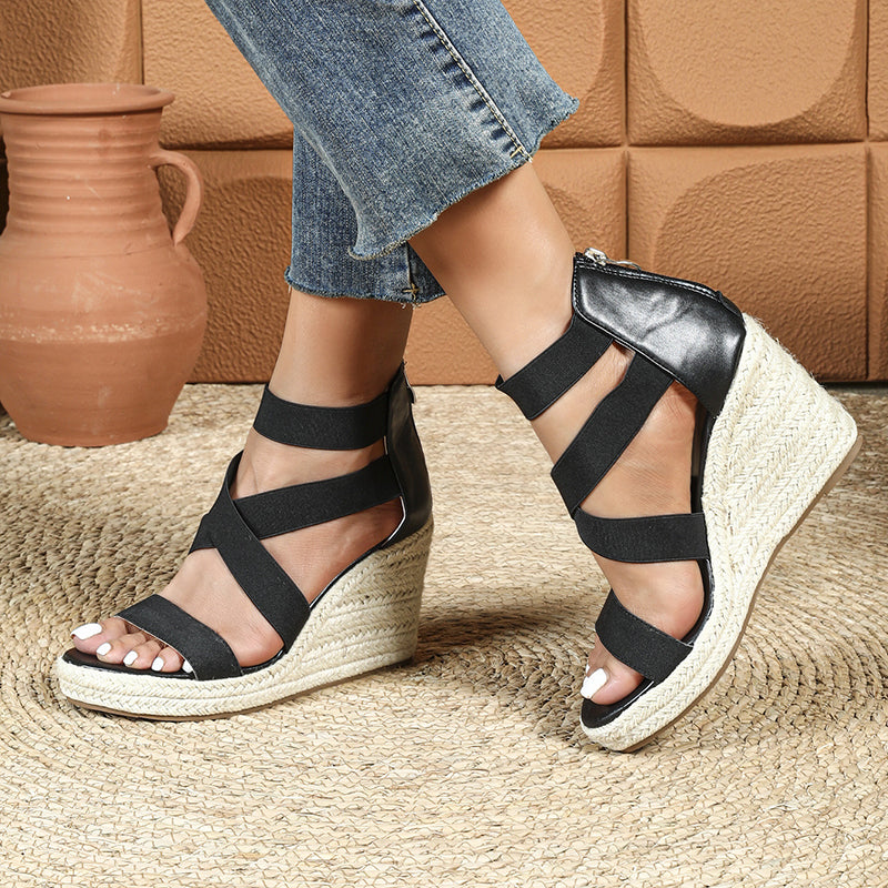 black Women's peep toe espadrilles wedge heels sandals