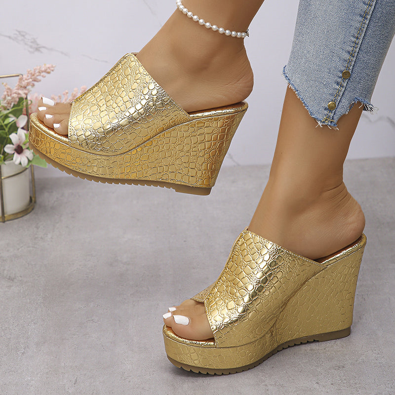gold Women's peep toe platform wedge heels slides