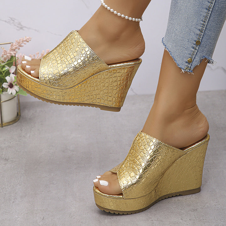 gold Women's peep toe platform wedge heels slides