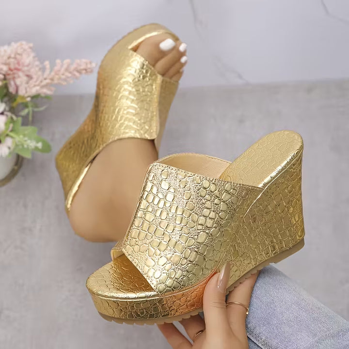 gold Women's peep toe platform wedge heels slides