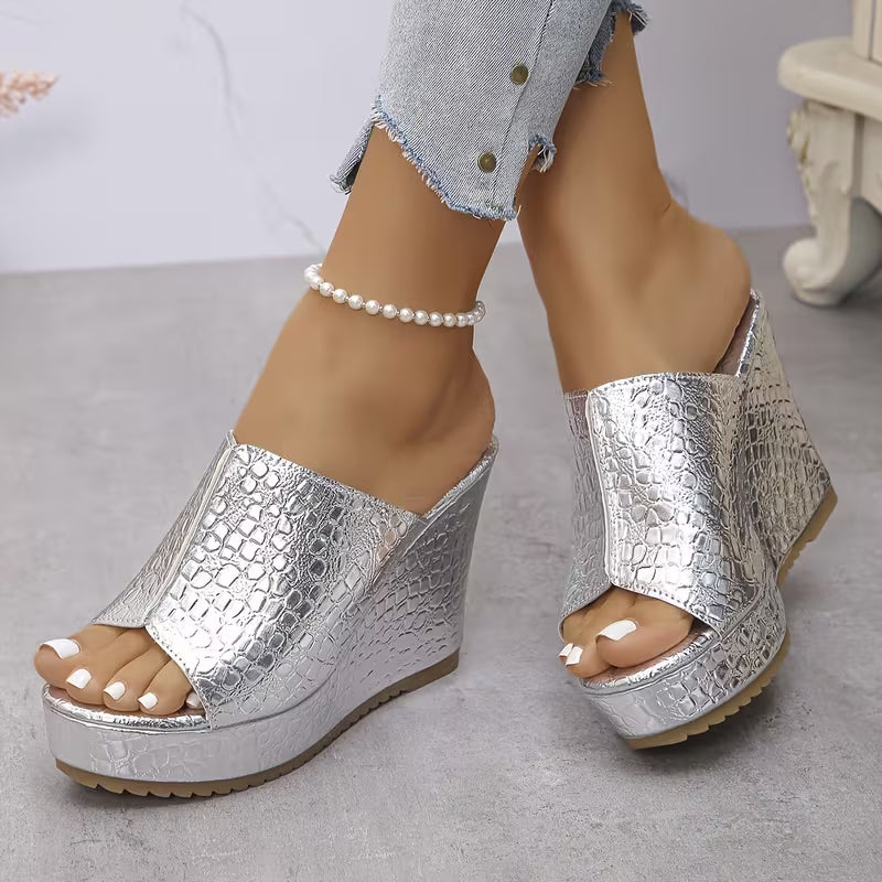 silver Women's peep toe platform wedge heels slides