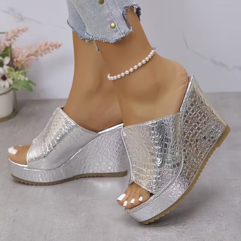 silver Women's peep toe platform wedge heels slides
