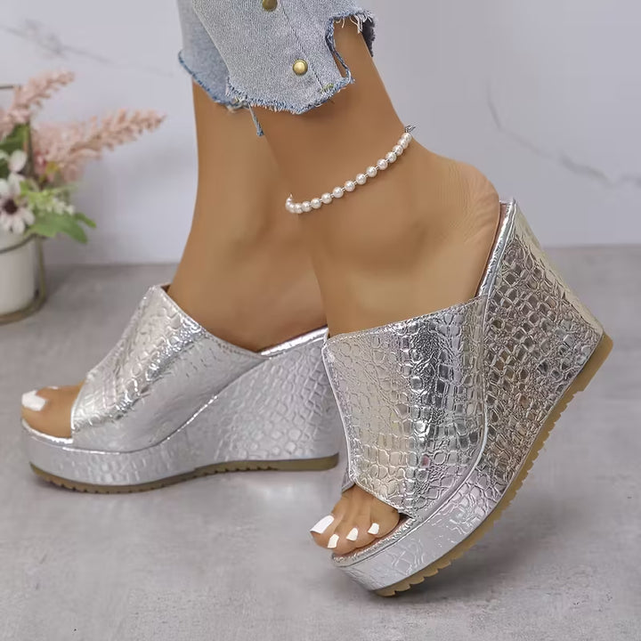 silver Women's peep toe platform wedge heels slides