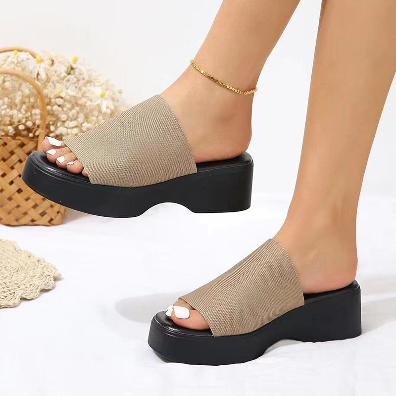 Women’s Peep Toe Platform Slide Sandals – Knit Wide-Band Summer Slides
