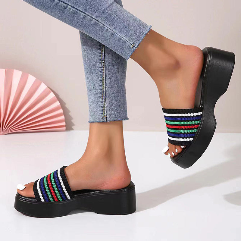 Women’s Peep Toe Platform Slide Sandals – Knit Wide-Band Summer Slides