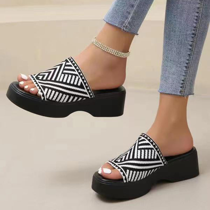 Women’s Peep Toe Platform Slide Sandals – Knit Wide-Band Summer Slides