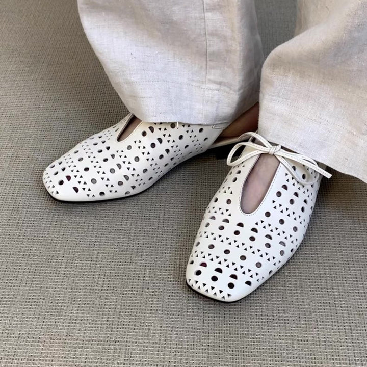 Women's perforated leather ballet shoes square toe slingback sandals