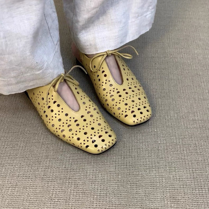 yellow Women's perforated leather ballet shoes square toe slingback sandals