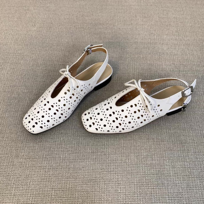 white Women's perforated leather ballet shoes square toe slingback sandals