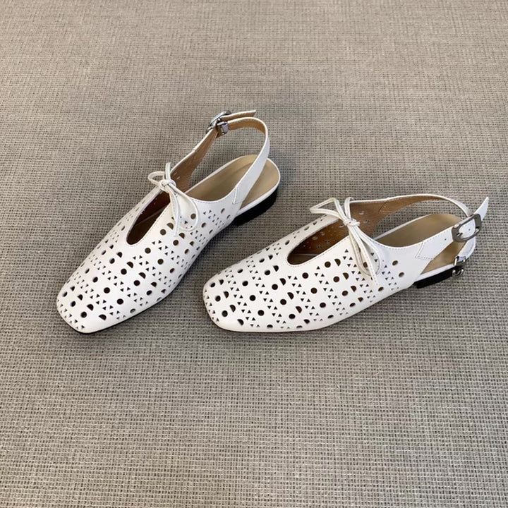 white Women's perforated leather ballet shoes square toe slingback sandals