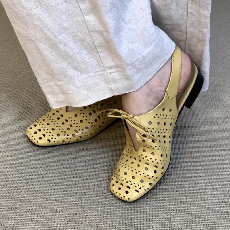 Women's perforated leather ballet shoes square toe slingback sandals