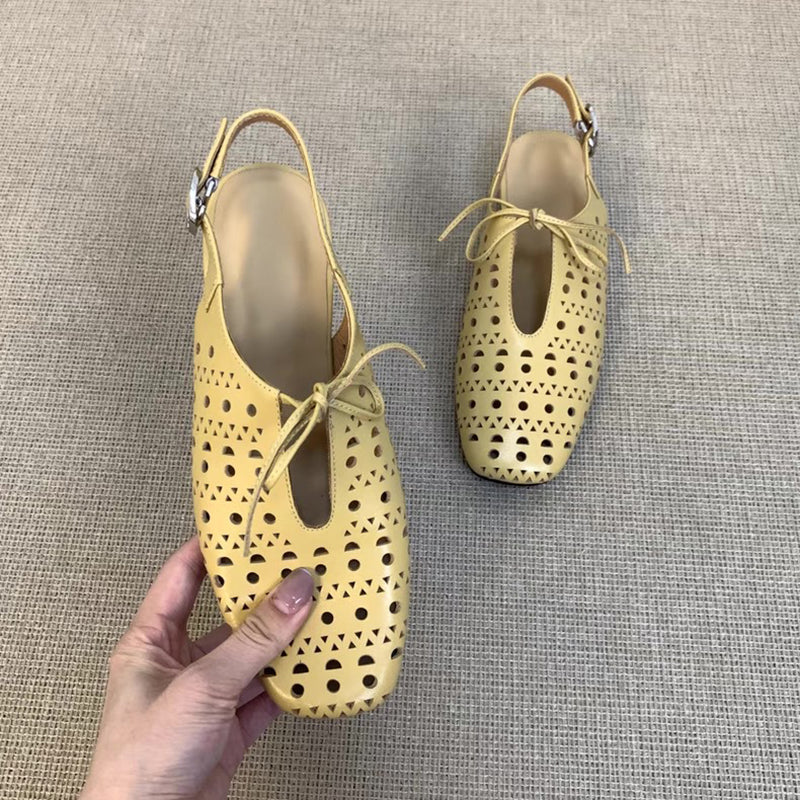 yellow Women's perforated leather ballet shoes square toe slingback sandals