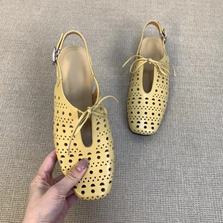 yellow Women's perforated leather ballet shoes square toe slingback sandals