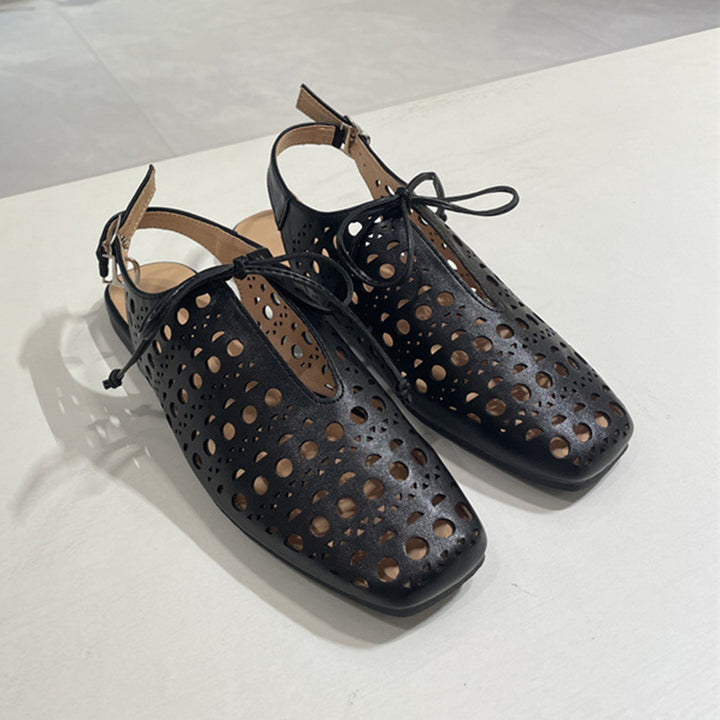 black Women's perforated leather ballet shoes square toe slingback sandals