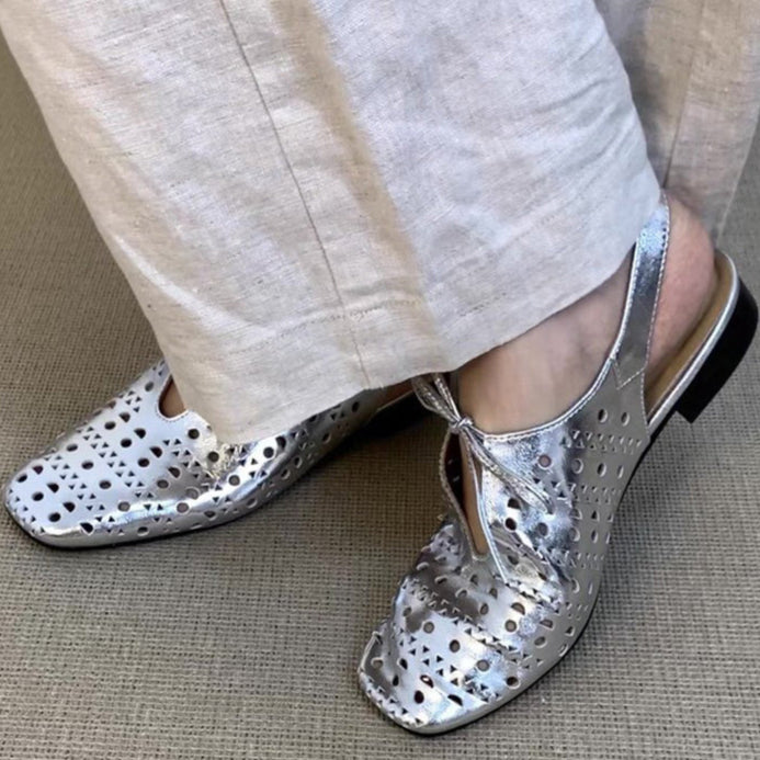 Women's perforated leather ballet shoes square toe slingback sandals