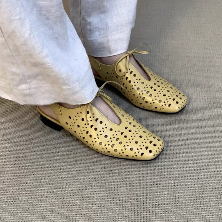 yellow Women's perforated leather ballet shoes square toe slingback sandals