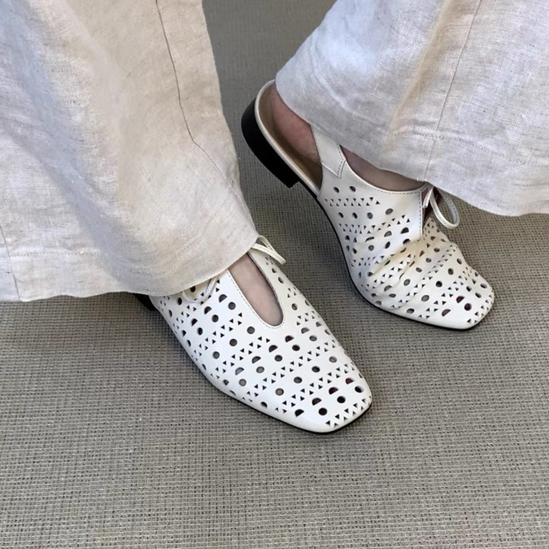 white Women's perforated leather ballet shoes square toe slingback sandals