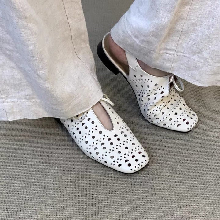 white Women's perforated leather ballet shoes square toe slingback sandals