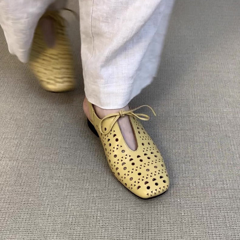 yellow Women's perforated leather ballet shoes square toe slingback sandals