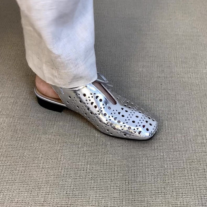 silver Women's perforated leather ballet shoes square toe slingback sandals