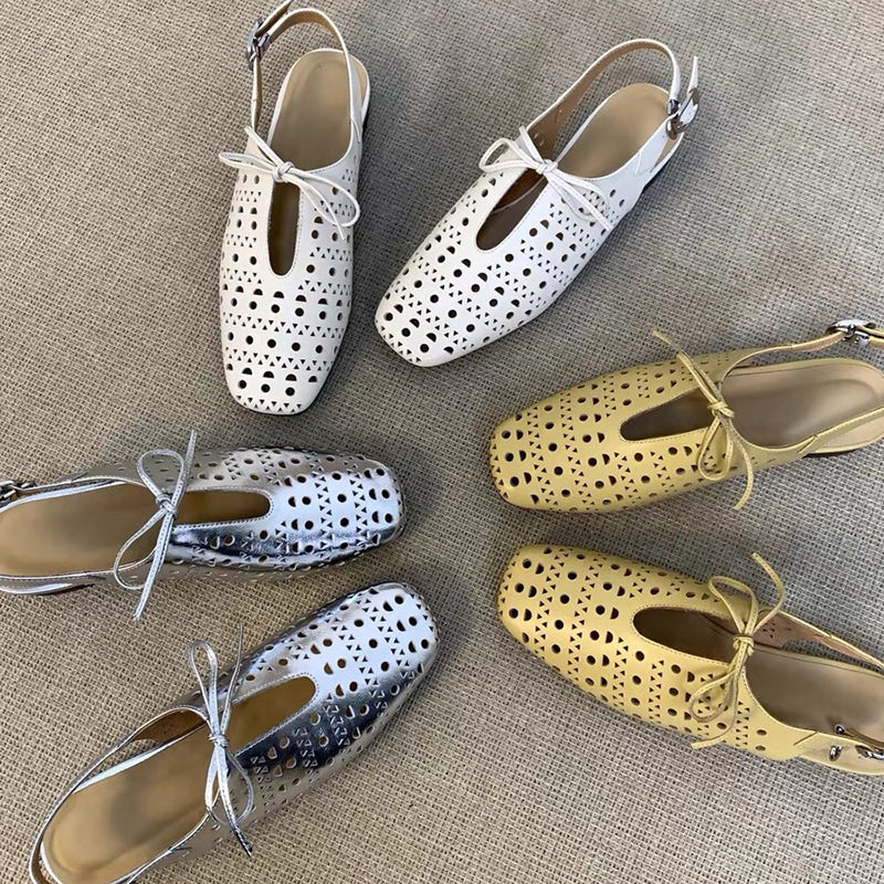 white Women's perforated leather ballet shoes square toe slingback sandals
