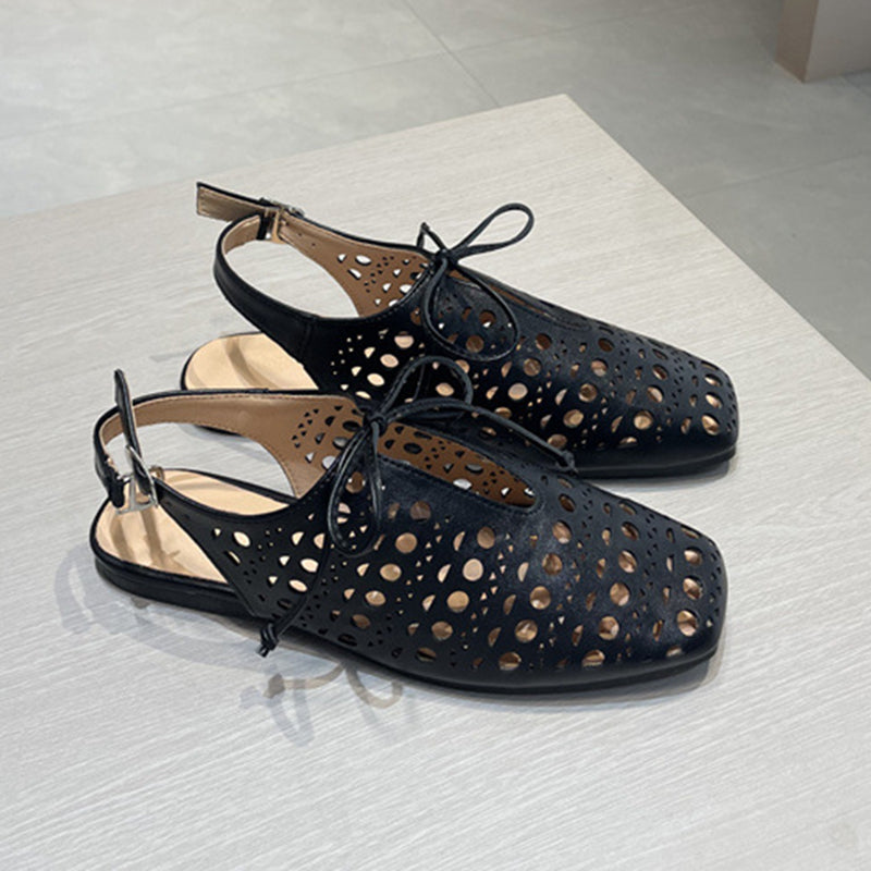Women's perforated leather ballet shoes square toe slingback sandals