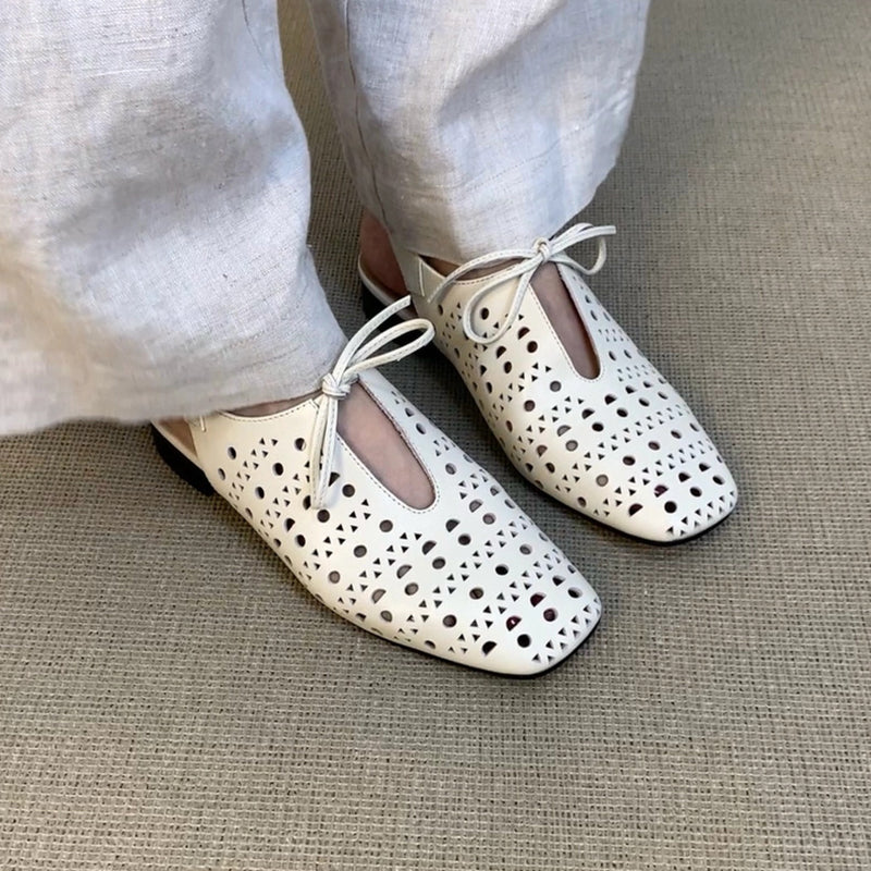 white Women's perforated leather ballet shoes square toe slingback sandals