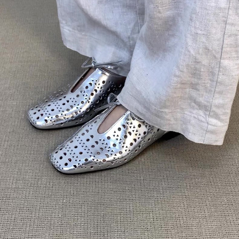 silver Women's perforated leather ballet shoes square toe slingback sandals