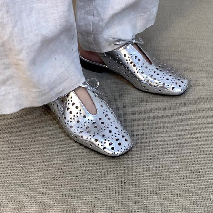 silver Women's perforated leather ballet shoes square toe slingback sandals