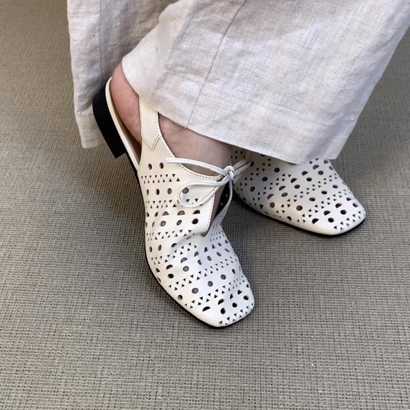 white Women's perforated leather ballet shoes square toe slingback sandals