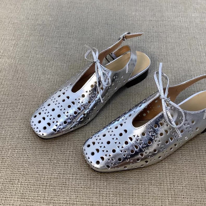 silver Women's perforated leather ballet shoes square toe slingback sandals