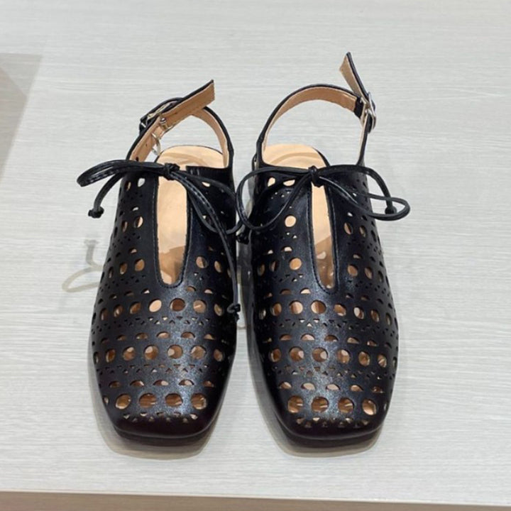 black Women's perforated leather ballet shoes square toe slingback sandals