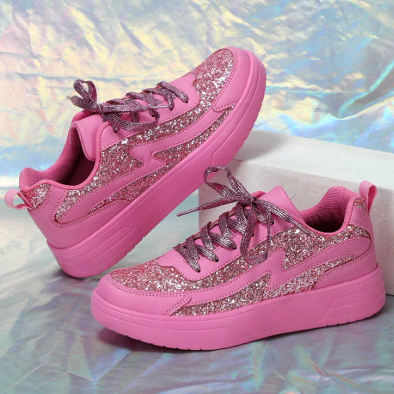 Women's pink rose rhinestone glitter platform sneakers