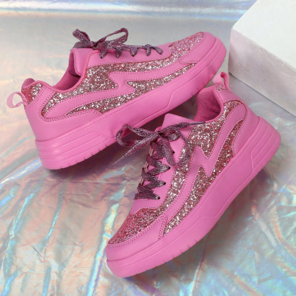 Women's pink rose rhinestone glitter platform sneakers