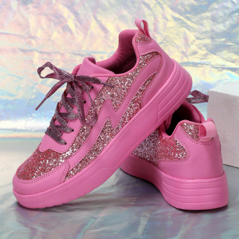 Women's pink rose rhinestone glitter platform sneakers