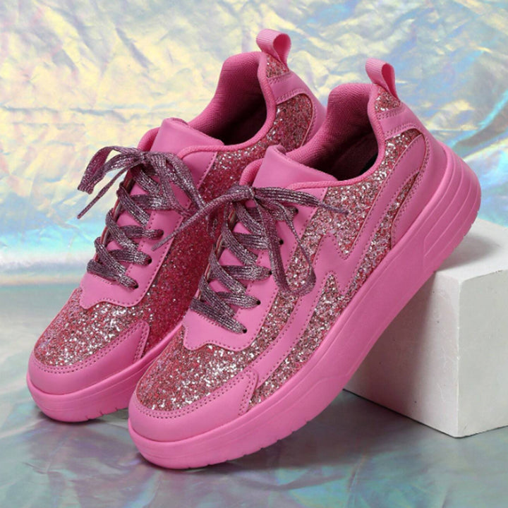 Women's pink rose rhinestone glitter platform sneakers