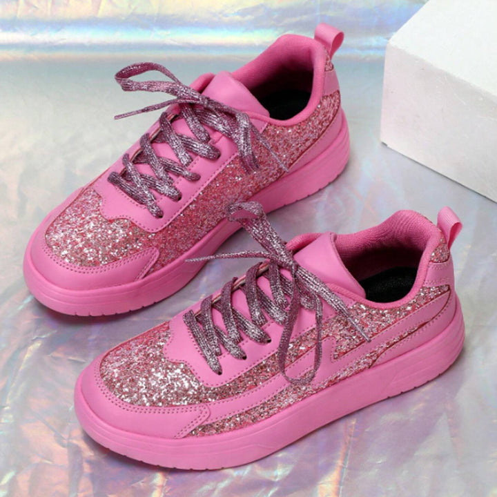 Women's pink rose rhinestone glitter platform sneakers
