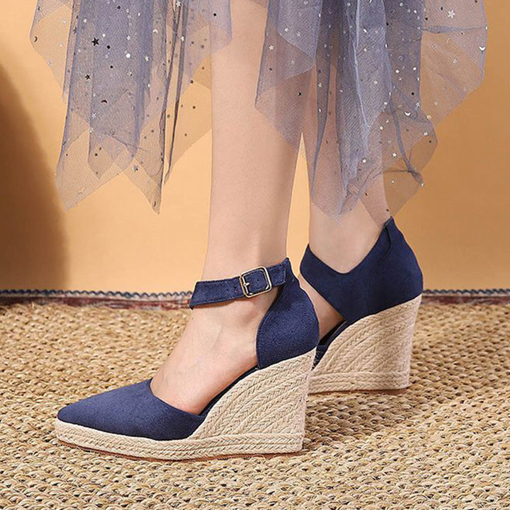 blue Chic Pointed Toe Espadrille Wedge Sandals for Women – Braided Platform & Ankle Strap for Summer Events
