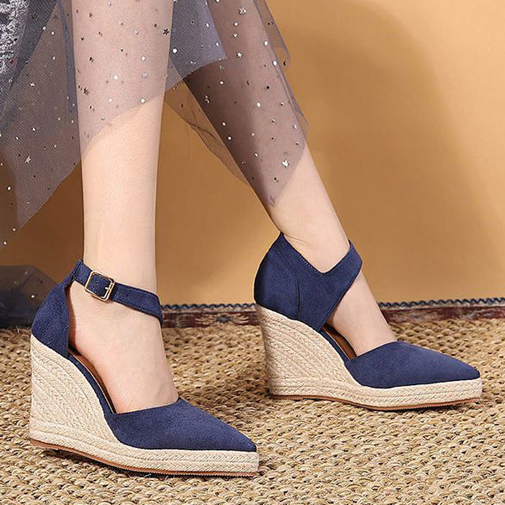 blue Chic Pointed Toe Espadrille Wedge Sandals for Women – Braided Platform & Ankle Strap for Summer Events