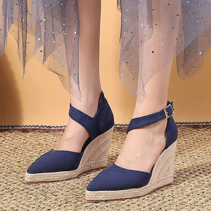 blue Chic Pointed Toe Espadrille Wedge Sandals for Women – Braided Platform & Ankle Strap for Summer Events