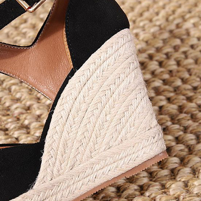 black Chic Pointed Toe Espadrille Wedge Sandals for Women – Braided Platform & Ankle Strap for Summer Events